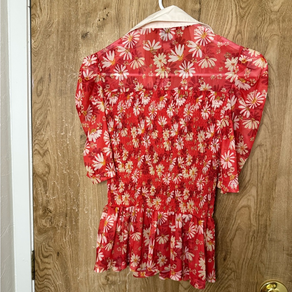 Maeve smocked Red orange Floral Blouse XS NWT Anthropologie - Picture 6 of 6